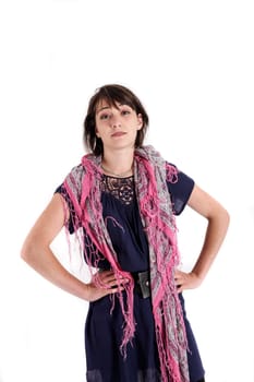 portrait of a young brunette woman with colored scarf looking ahead