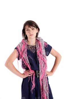 portrait of a young brunette woman with colored scarf looking ahead