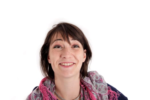 portrait of a young brunette woman with colored scarf looking ahead