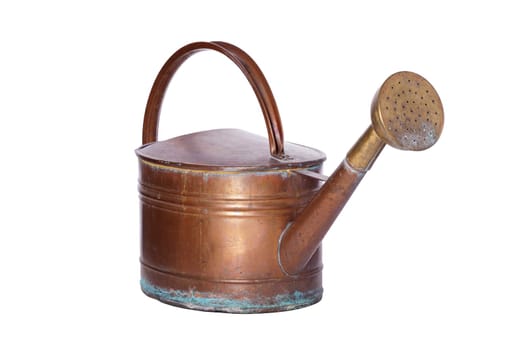 Very nice old watering can made of copper exposed against white background