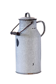 Old enamel milk jug with wooden handle and small lacquer damage insulated against a white background