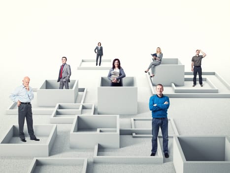 different business people on 3d abstract background