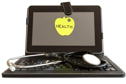 Digital tablet pc  and stethoscope, health concept on white background
