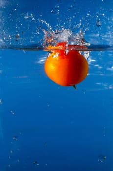 red tomato dropped into the water with blue background
