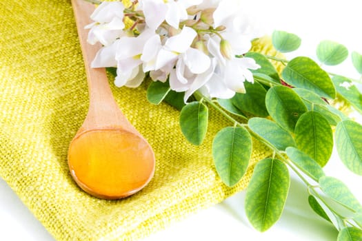 Acacia honey in spoon with flower and leaves