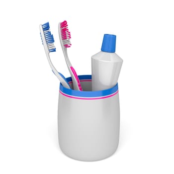 Toothbrushes and toothpaste on white background