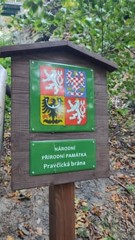 October 17 2024 Hrensko Czech Republic Europe Park warning sign summer day travel nature trees sky . High quality photo