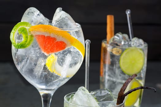 Gin tonic varied cocktails with lima lemon and grapefruit vanilla and cinnamon spices