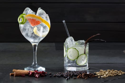 Gin tonic varied cocktails with lima cucumber and grapefruit and spices