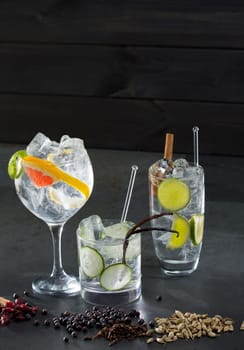Gin tonic varied cocktails with lima cucumber and grapefruit and spices