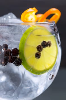 Gin tonic cocktail macro closeup with juniper berries orange and lime slice