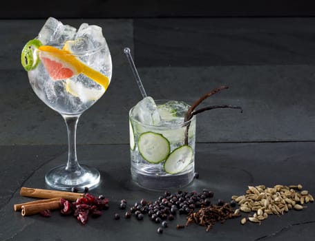 Gin tonic varied cocktails with lima cucumber and grapefruit and spices
