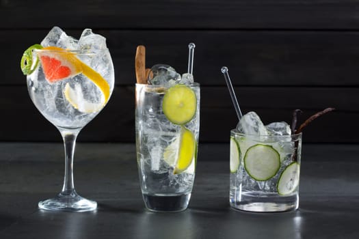 Gin tonic varied cocktails with lima cucumber and grapefruit