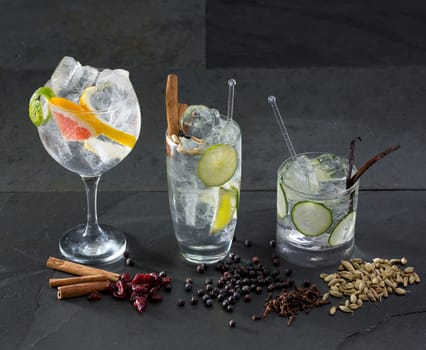 Gin tonic varied cocktails with lima cucumber and grapefruit and spices