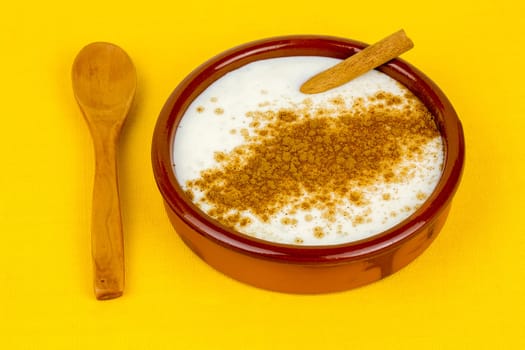 homemade rice with milk and cinnamon in a ceramic bowl, presentation with spoon