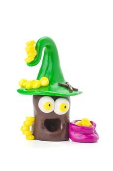 Handmade clay figure with a bag full of money