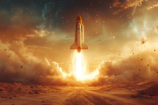Spaceship takes off into space from the surface of the red planet. Fantastic view of a rocket on the planet Mars