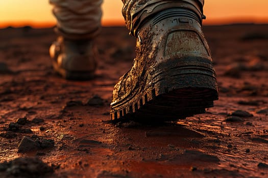 Close-up of astronaut's dirty boots on the surface of the red planet. Concept of Mars exploration.