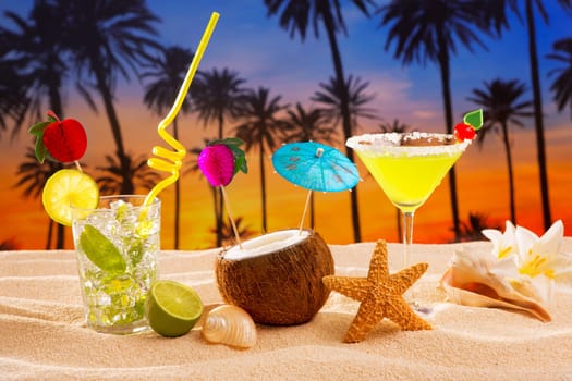 beach cocktail sunset on palm tree sand mojito margarita coconut