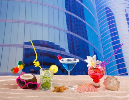 cocktails mojito margarita blue Hawaii in urban city buildings cityscape