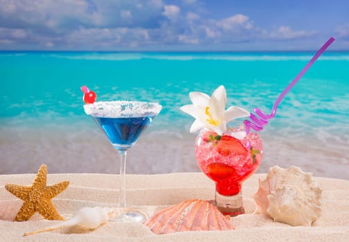 Beach tropical red and blue cocktail on caribbean white sand flower and seashell