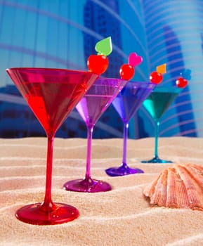 colorful cocktail in a row with cherry sand in urban city building