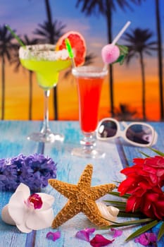 Cocktails margarita sex on the beach colorful tropical palm tree sunset sky with flowers and starfish