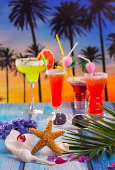 Cocktails margarita sex on the beach colorful tropical palm tree sunset sky with flowers and starfish