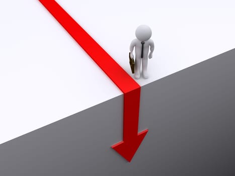 3d businessman is looking at arrow chart going downwards