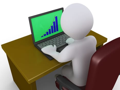 3d person sitting on a chair behind a desk is looking at laptop