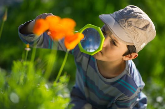 Enfant observant la nature avec une loupe