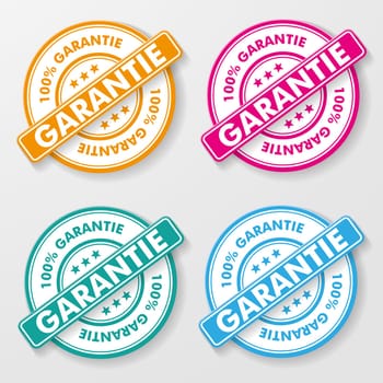 100 percent guarantee colorful paper labels. German text 100 % garantie, translate 100% guarantee. Eps 10 vector file.
