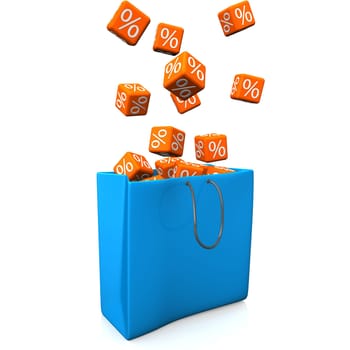 Blue shopping bag with orange cubes and percent. White background.