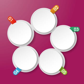 Five info paperlabels with numbers on the purple background. Eps 10 vector file.