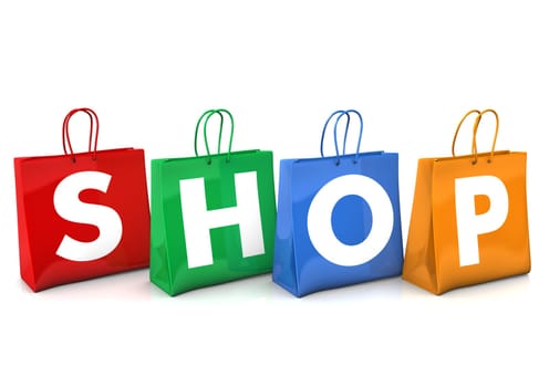 Colorful shopping bags with white text Shop. White background.