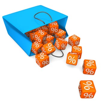 Blue shopping bag with orange cubes and percent. White background.