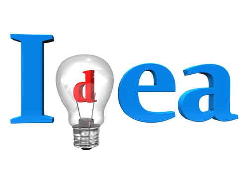 Blue text Idea with bulb on the white background.