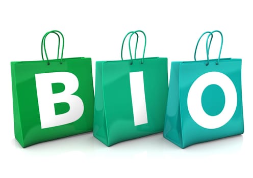 Three green shopping bags with the text BIO. White background.