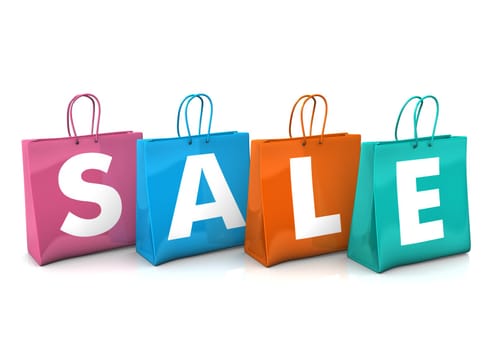 Three colorful shopping bags with the text SALE. White background.