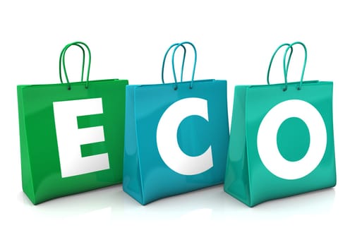 Three green shopping bags with the text eco. White background.