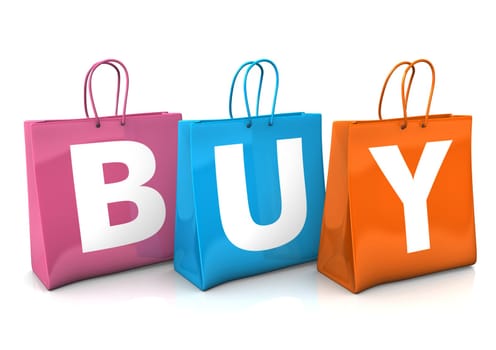 Three colorful shopping bags with the text buy. White background.
