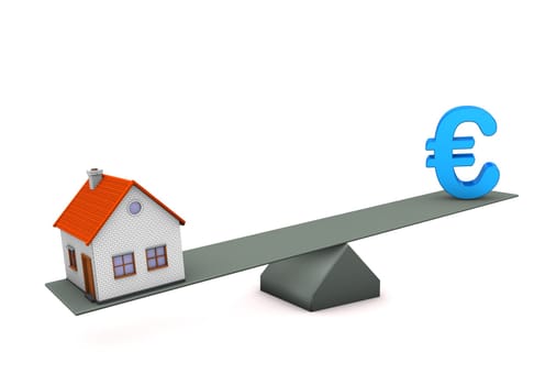 House with blue symbol of euro. White background.