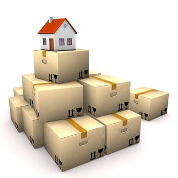 Moving boxes with small house on the white background.