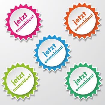Colorfull star paper stickers with text Register Now. Eps 10 vector file.