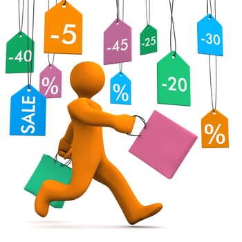 Orange cartoon character with shopping bags and price stickers on the white background.