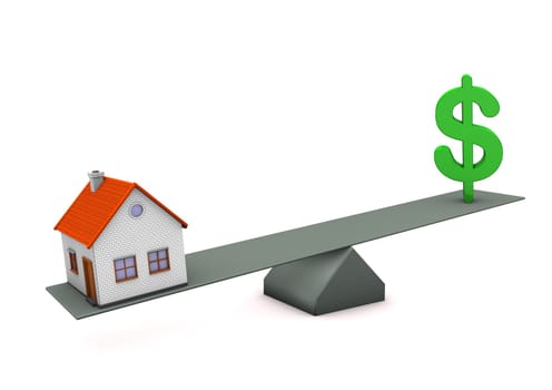 House with green symbol of dollar. White background.