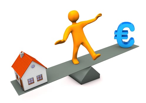 Orange cartoon character with house and blue euro symbol.