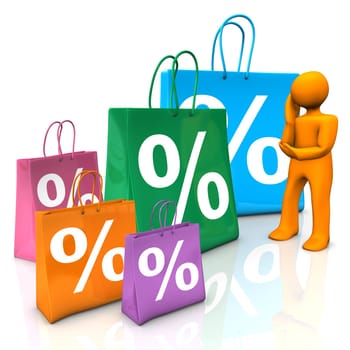Orange cartoon character with colorful shopping bags. White background.