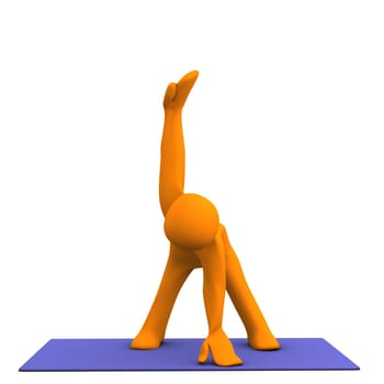 Orange cartoon character makes yoga. White background.