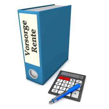 Blue folder with german text Vorsorge Rente, translate insurance pension, with calculator and ballpen.